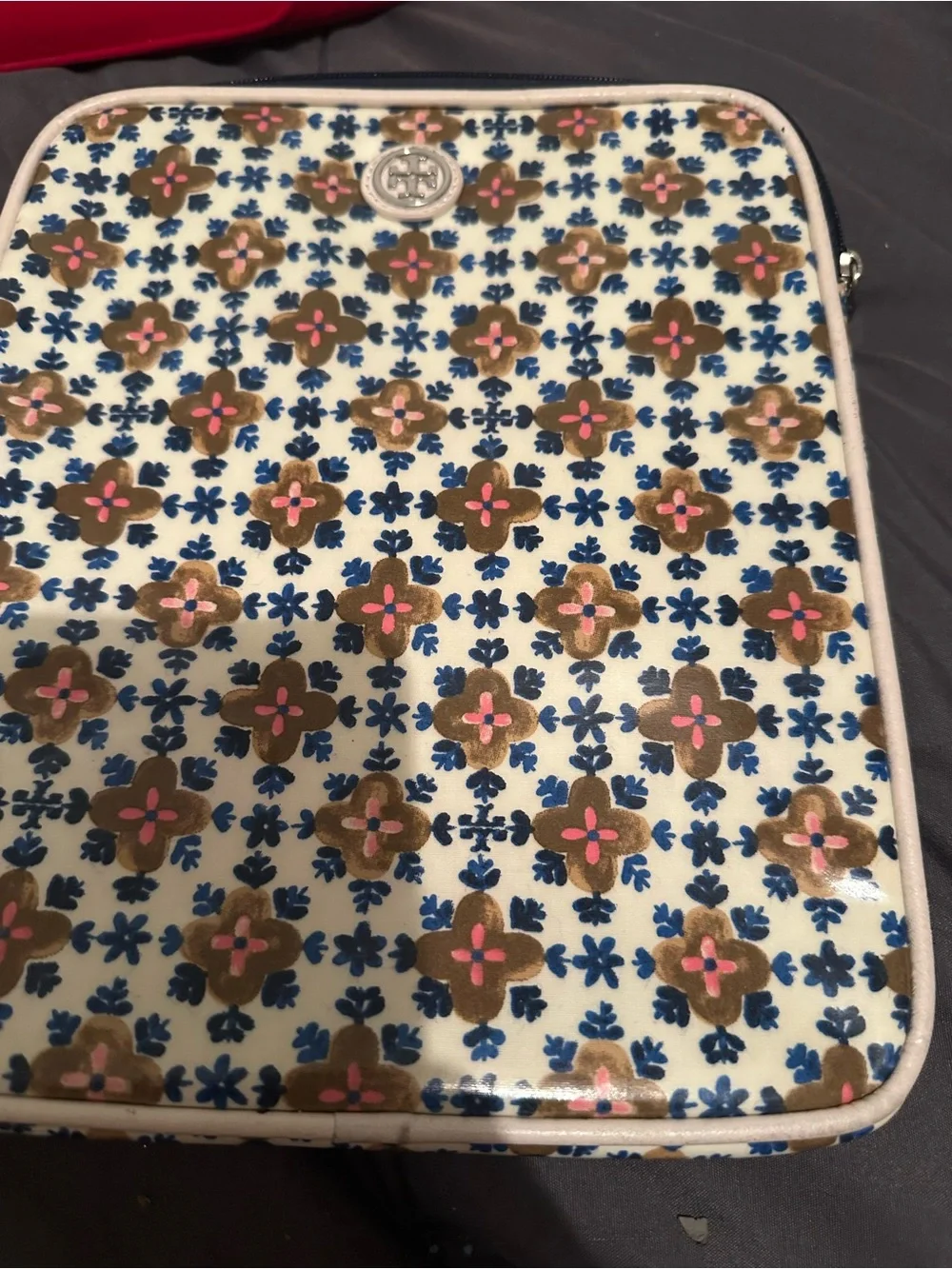 Tory Burch Cream Floral Coated Canvas iPad Sleeve with Navy and Pink Accents